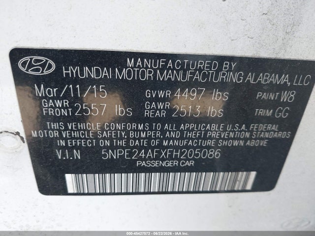 5NPE24AFXFH205086 Hyundai SONATA SE