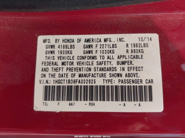 Honda Accord Lx-s 2015 1HGCT1B38FA002925 Image 9