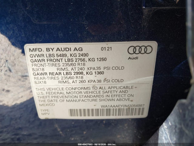 Aukcja sprzedaży 2021 Audi Q5 Premium 45 Tfsi Quattro S Tronic, vin: WA1AAAFY0M2054987, numer aukcji: 45427583
