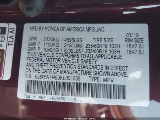 5J6RW1H50KL001656 Honda CR-V EX
