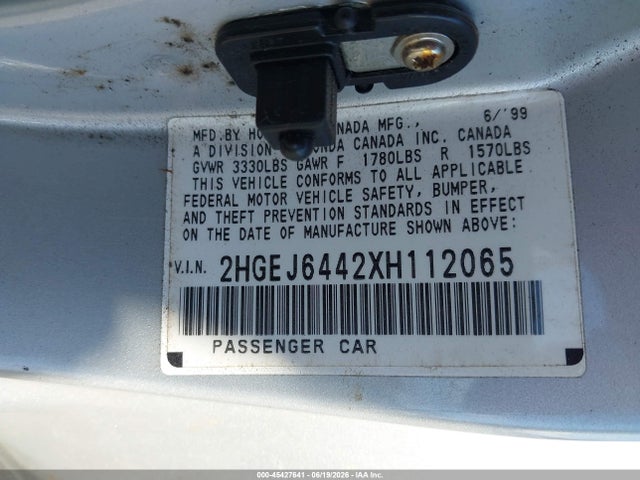 1999 Honda Civic Dx მანქანა იყიდება აუქციონზე, vin: 2HGEJ6442XH112065, აუქციონის ნომერი: 45427641