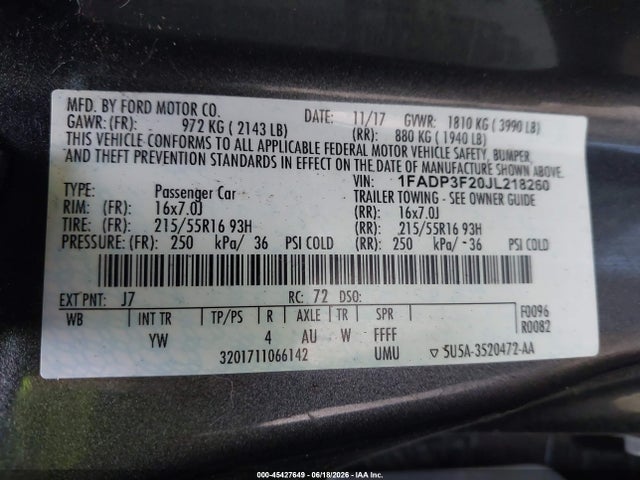 Aukcja sprzedaży 2018 Ford Focus Se, vin: 1FADP3F20JL218260, numer aukcji: 45427649