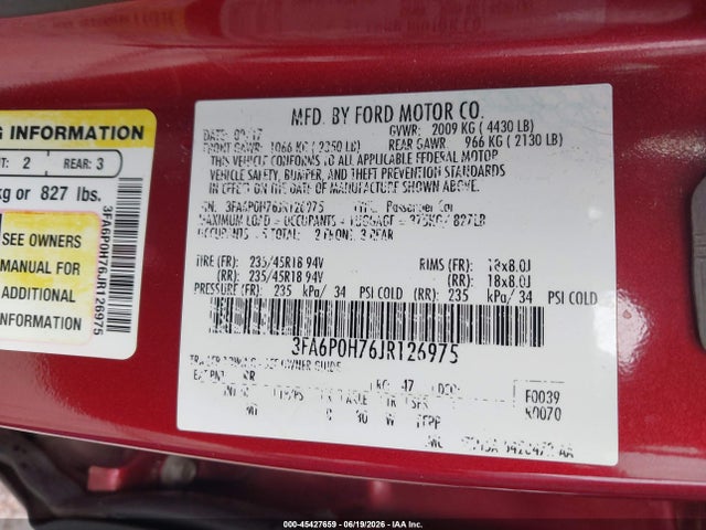 45427659 :رقم المزاد ، 3FA6P0H76JR126975 vin ، 2018 Ford Fusion Se مزاد بيع