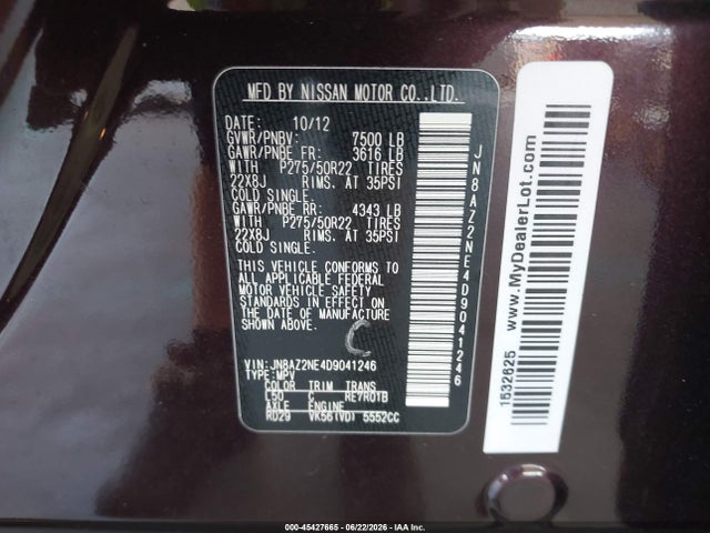 Aukcja sprzedaży 2013 Infiniti Qx56, vin: JN8AZ2NE4D9041246, numer aukcji: 45427665