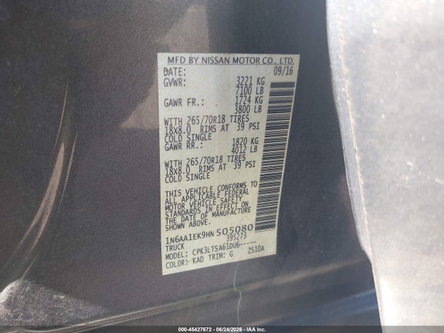 Auction sale of the 2017 Nissan Titan Sv, vin: 1N6AA1EK9HN505080, lot number: 45427672