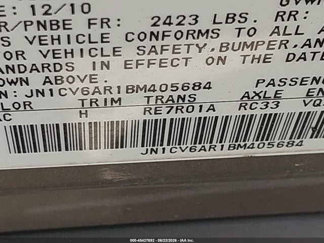 Auction sale of the 2011 Infiniti G37x, vin: JN1CV6AR1BM405684, lot number: 45427692