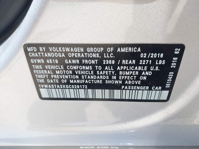 2016 Volkswagen Passat 1.8t S მანქანა იყიდება აუქციონზე, vin: 1VWAS7A3XGC029172, აუქციონის ნომერი: 45427697