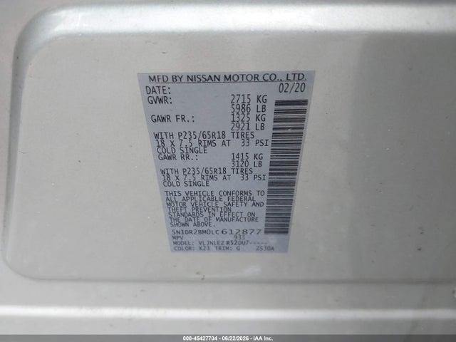 2020 Nissan Pathfinder Sv 4wd მანქანა იყიდება აუქციონზე, vin: 5N1DR2BM0LC612877, აუქციონის ნომერი: 45427704