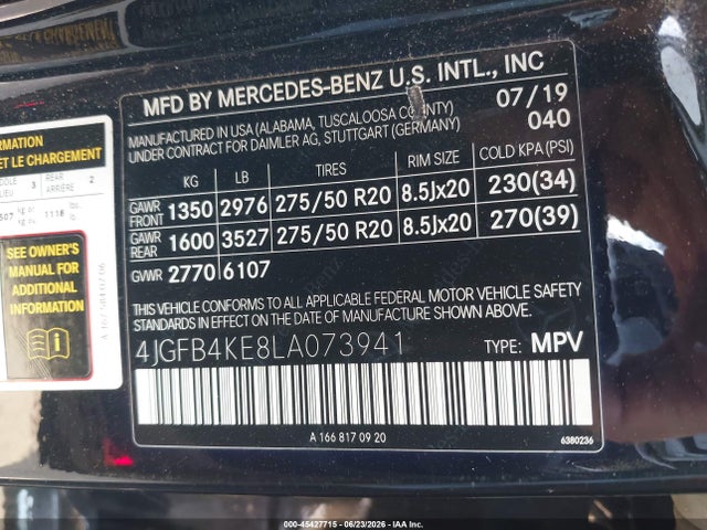 2020 Mercedes-benz Gle 350 4matic მანქანა იყიდება აუქციონზე, vin: 4JGFB4KE8LA073941, აუქციონის ნომერი: 45427715
