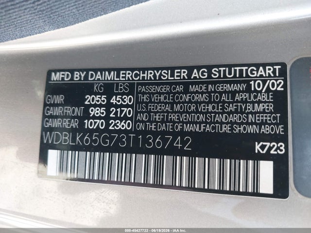 Продаж на аукціоні авто 2003 Mercedes-benz Clk 320, vin: WDBLK65G73T136742, номер лоту: 45427722