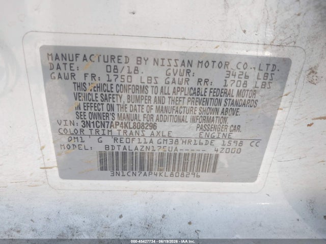 3N1CN7AP4KL808296 Nissan Versa 1.6 S+
