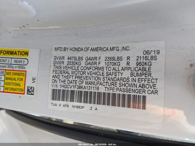 1HGCV1F38KA131116 Honda Accord Sport