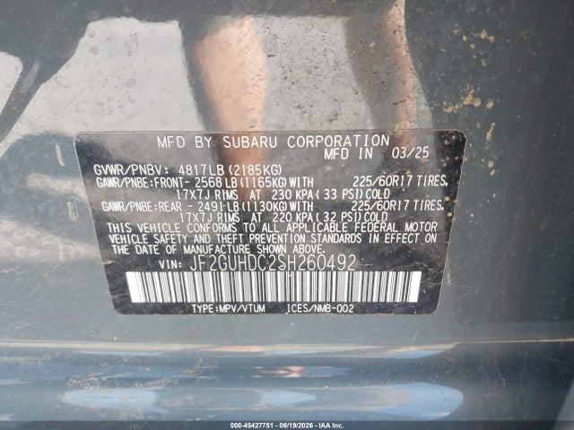 45427751 :رقم المزاد ، JF2GUHDC2SH260492 vin ، 2025 Subaru Crosstrek Premium مزاد بيع