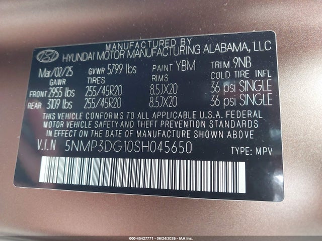 Aukcja sprzedaży 2025 Hyundai Santa Fe Hybrid Limited, vin: 5NMP3DG10SH045650, numer aukcji: 45427771