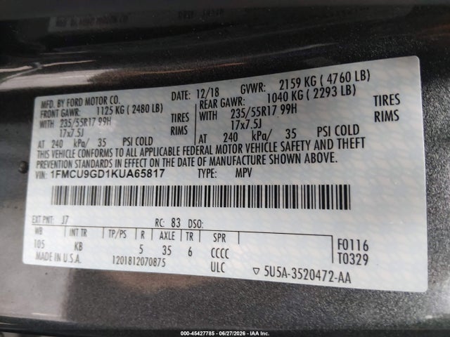 Ford ESCAPE SE 2019 1FMCU9GD1KUA65817 Image 9