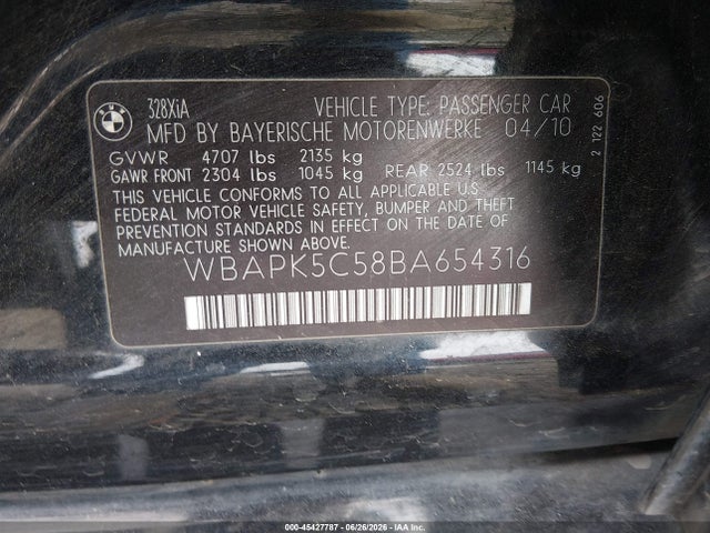 45427787 :رقم المزاد ، WBAPK5C58BA654316 vin ، 2011 Bmw 328i Xdrive مزاد بيع