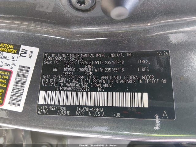 Aukcja sprzedaży 2025 Toyota Highlander Xle, vin: 5TDKDRAH7SS550642, numer aukcji: 45427790