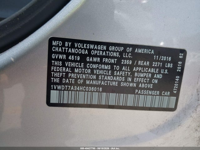 Продаж на аукціоні авто 2017 Volkswagen Passat 1.8t R-line, vin: 1VWDT7A34HC036016, номер лоту: 45427795