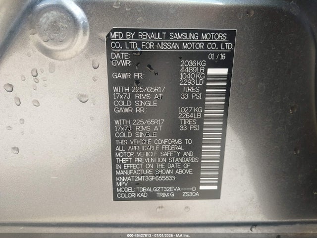 45427813 :رقم المزاد ، KNMAT2MT3GP655833 vin ، 2016 Nissan Rogue Sv مزاد بيع