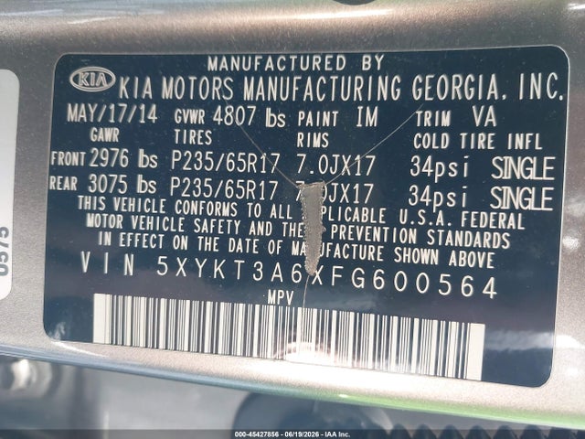 KIA SORENTO LX 2015 5XYKT3A6XFG600564 Image 9
