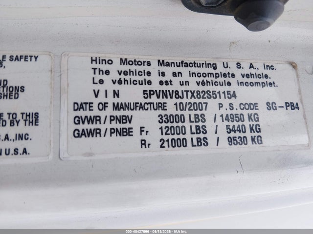 2008 Hino Hino 338 მანქანა იყიდება აუქციონზე, vin: 5PVNV8JTX82S51154, აუქციონის ნომერი: 45427866