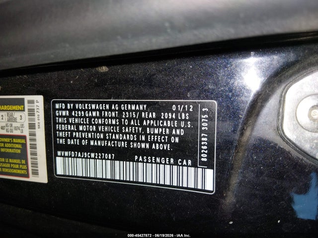 2012 Volkswagen Gti 2-door მანქანა იყიდება აუქციონზე, vin: WVWFD7AJ9CW227087, აუქციონის ნომერი: 45427872