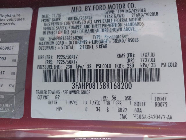 45427878 :رقم المزاد ، 3FAHP08158R168200 vin ، 2008 Ford Fusion Sel مزاد بيع