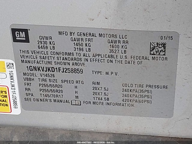Chevrolet Traverse Ltz 2015 1GNKVJKD1FJ258859 Image 9