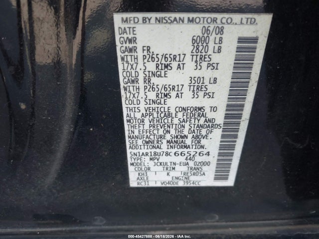 Продаж на аукціоні авто 2008 Nissan Pathfinder Se, vin: 5N1AR18U78C665264, номер лоту: 45427888