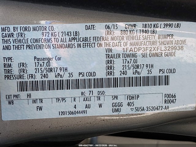 Aukcja sprzedaży 2015 Ford Focus Se, vin: 1FADP3F2XFL329938, numer aukcji: 45427891