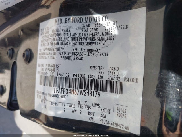 Продажа на аукционе авто 2007 Ford Focus S/se/ses, vin: 1FAFP34N67W248179, номер лота: 45427910