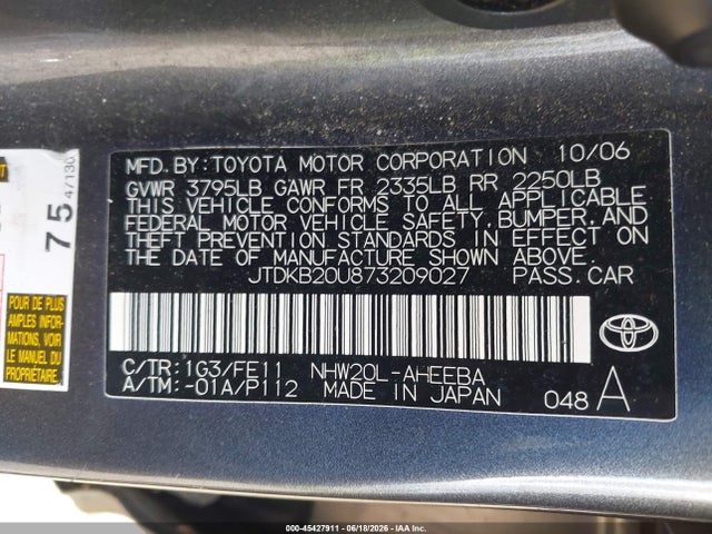 45427911 :رقم المزاد ، JTDKB20U873209027 vin ، 2007 Toyota Prius مزاد بيع