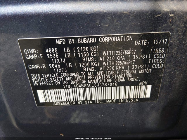 Subaru Outback 2.5i Premium 2018 4S4BSACC6J3287046 Image 9