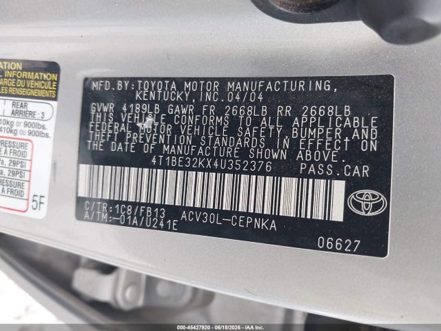 Auction sale of the 2004 Toyota Camry Le, vin: 4T1BE32KX4U352376, lot number: 45427920