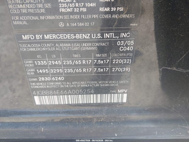 45427936 :رقم المزاد ، 4JGBB86E66A005254 vin ، 2006 Mercedes-benz Ml 350 4matic مزاد بيع