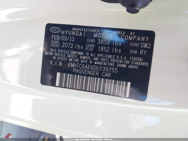 Продаж на аукціоні авто 2013 Hyundai Veloster Turbo W/black, vin: KMHTC6AE6DU139755, номер лоту: 45427939