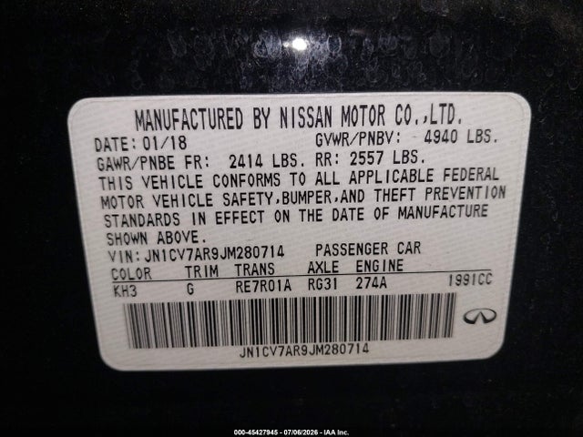 Aukcja sprzedaży 2018 Infiniti Q50 2.0t Pure, vin: JN1CV7AR9JM280714, numer aukcji: 45427945