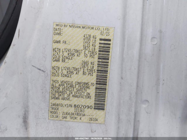 1N6BF0LY1FN802090 Nissan Nv Cargo Nv2500 Hd S V6
