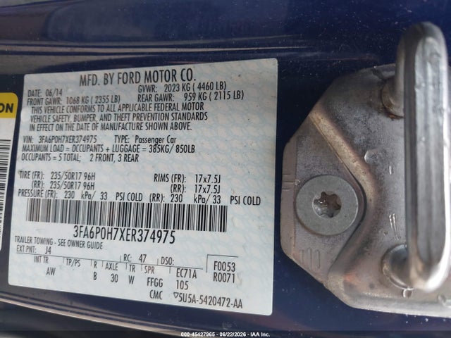 45427965 :رقم المزاد ، 3FA6P0H7XER374975 vin ، 2014 Ford Fusion Se مزاد بيع