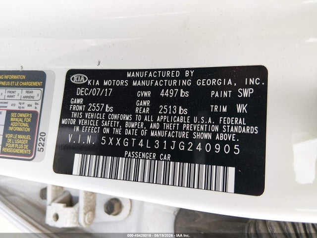 Auction sale of the 2018 Kia Optima S, vin: 5XXGT4L31JG240905, lot number: 45428016