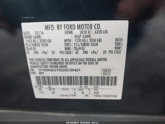 Продажа на аукционе авто 2016 Ford Explorer Sport, vin: 1FM5K8GT5GGC30421, номер лота: 45428019