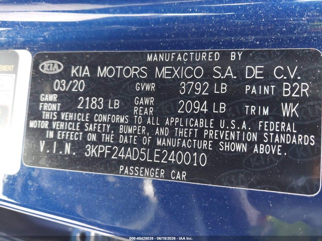 Продаж на аукціоні авто 2020 Kia Forte Lxs, vin: 3KPF24AD5LE240010, номер лоту: 45428026