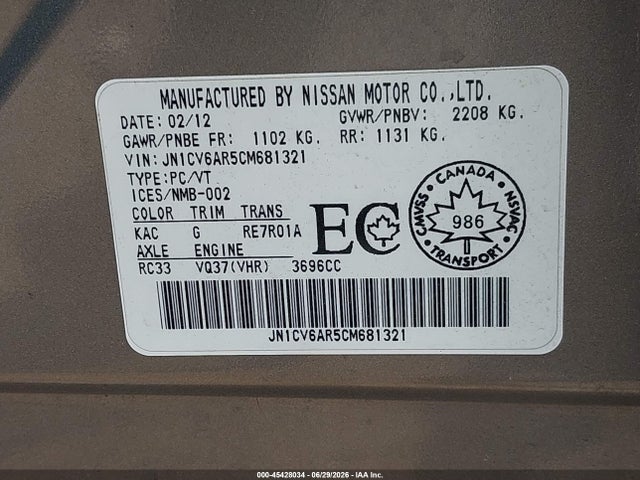 Aukcja sprzedaży 2012 Infiniti G37x, vin: JN1CV6AR5CM681321, numer aukcji: 45428034