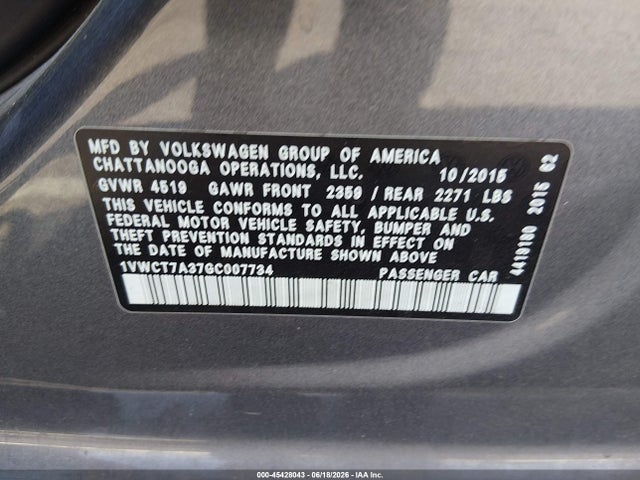 1VWCT7A37GC007734 Volkswagen Passat 1.8t Sel
