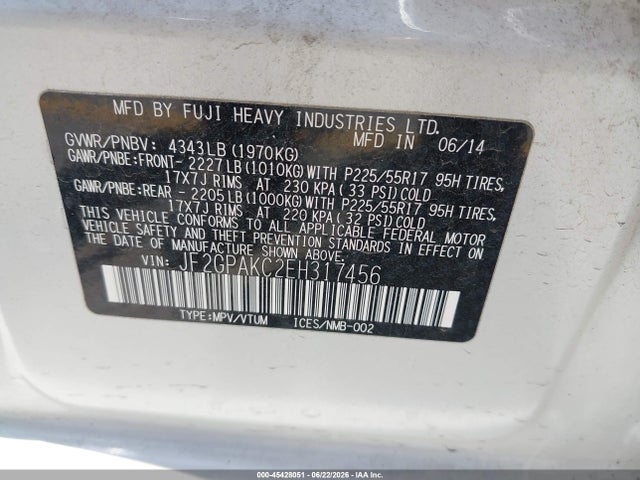 45428051 :رقم المزاد ، JF2GPAKC2EH317456 vin ، 2014 Subaru Xv Crosstrek 2.0i Limited مزاد بيع