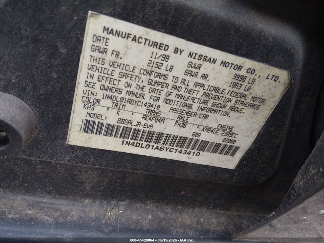 45428064 :رقم المزاد ، 1N4DL01A8YC143410 vin ، 2000 Nissan Altima Gle/gxe/se مزاد بيع