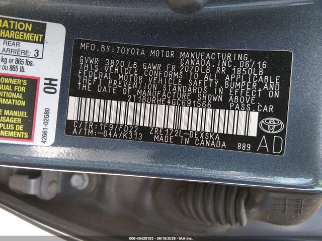 Toyota Corolla S Plus 2016 2T1BURHE4GC691566 Image 9
