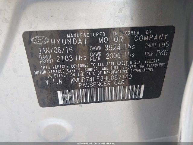 Продаж на аукціоні авто 2017 Hyundai Elantra Se, vin: KMHD74LF3HU087140, номер лоту: 45428108