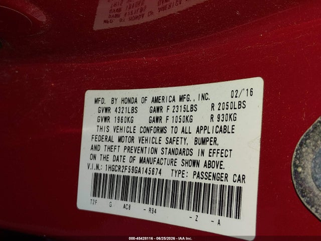 2016 Honda Accord Sport მანქანა იყიდება აუქციონზე, vin: 1HGCR2F59GA145674, აუქციონის ნომერი: 45428116