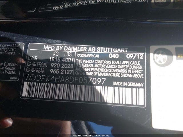Aukcja sprzedaży 2013 Mercedes-benz Slk 250, vin: WDDPK4HA8DF057097, numer aukcji: 45428126